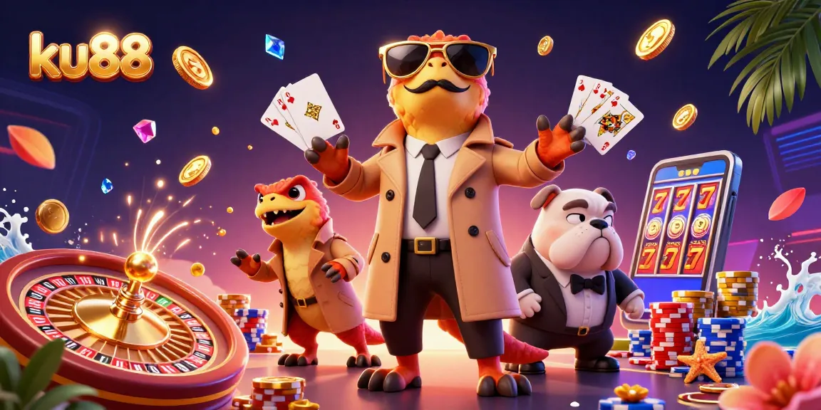 Experience excitement at ku88 with cartoon raptors at a VIP casino door, surrounded by casino elements.