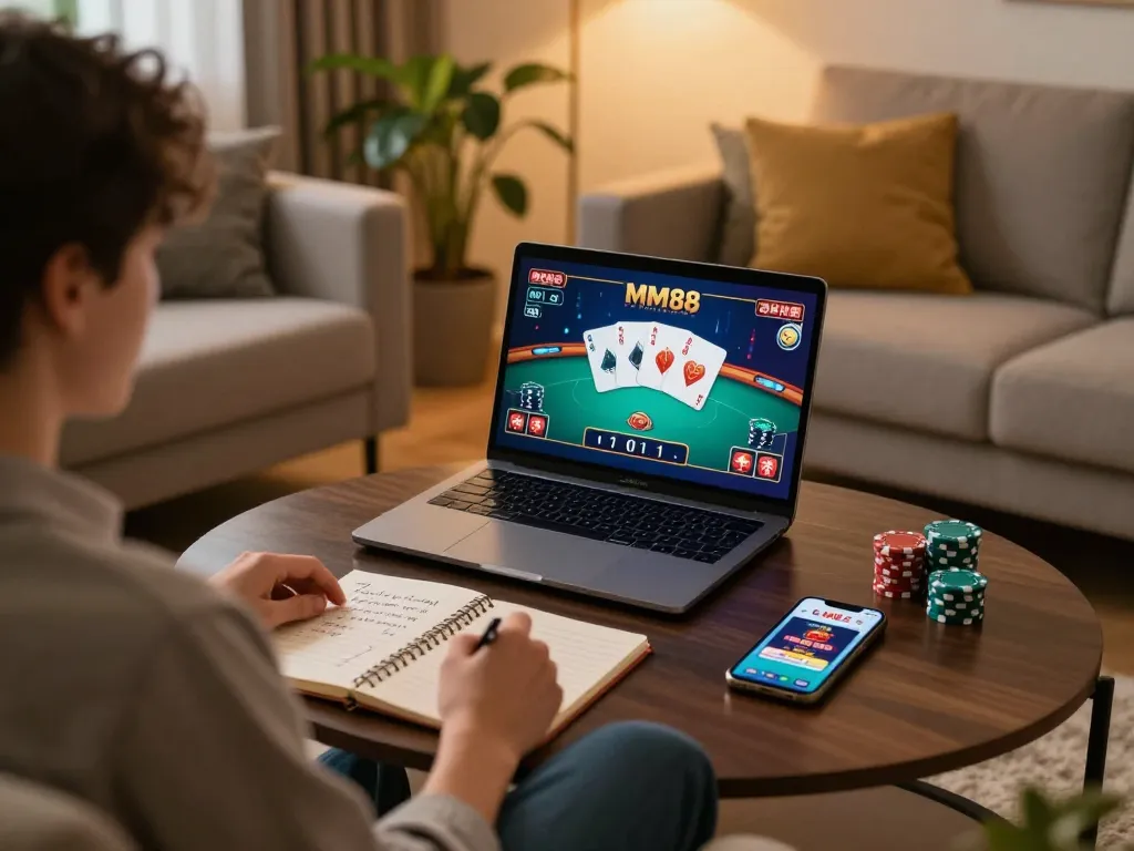 MM88 player engaged in an online poker game, with strategies noted in a cozy home environment.