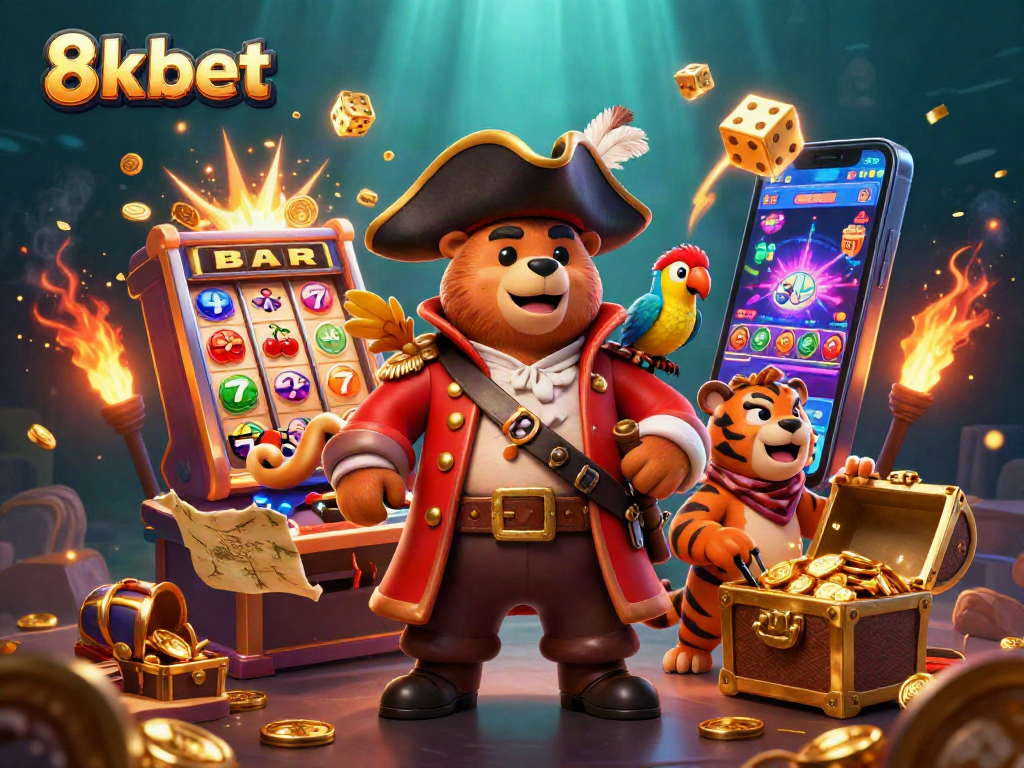 8xbet's intense casino scene showcases a treasure-laden pirate bear with jackpot elements and vibrant gaming action.