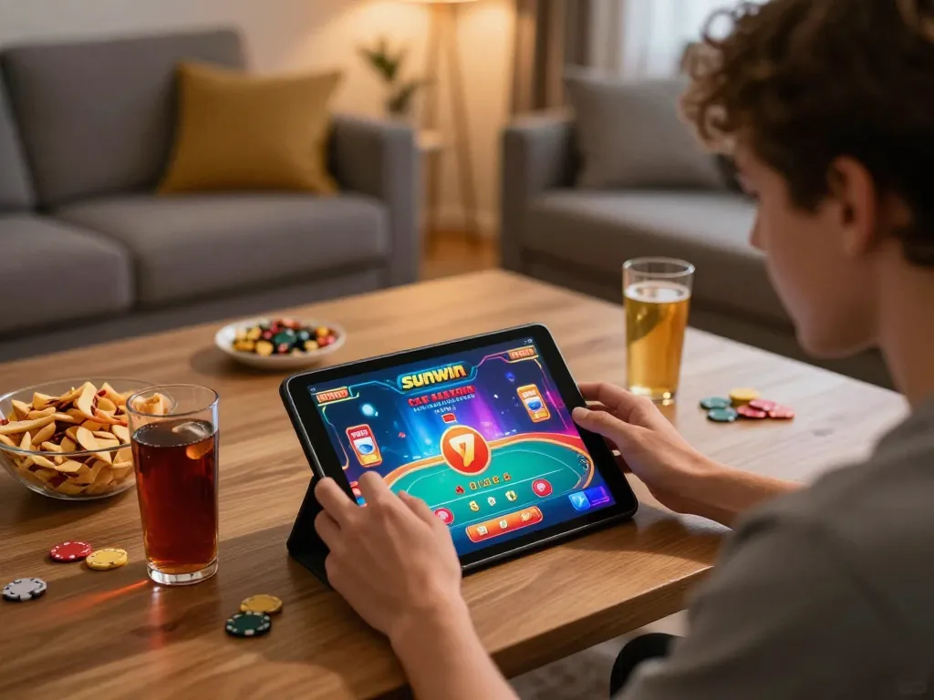 Engaging in Sunwin online gaming experience with a tablet in a cozy home environment.