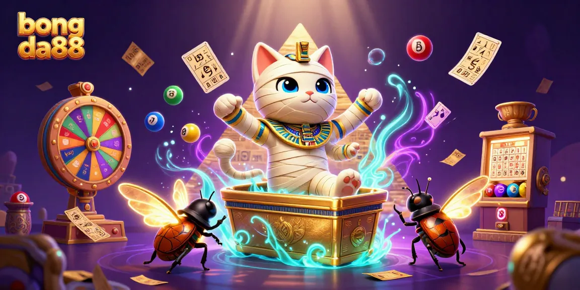 Bong da88 thrills with a vivid casino scene showcasing a mummy cat and a glowing scarab amidst dynamic lottery elements.