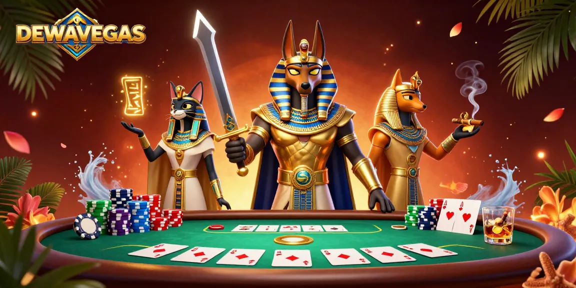 Unleash your luck at DEWAVEGAS with spectacular poker-themed 3D illustration featuring Anubis and Bastet.