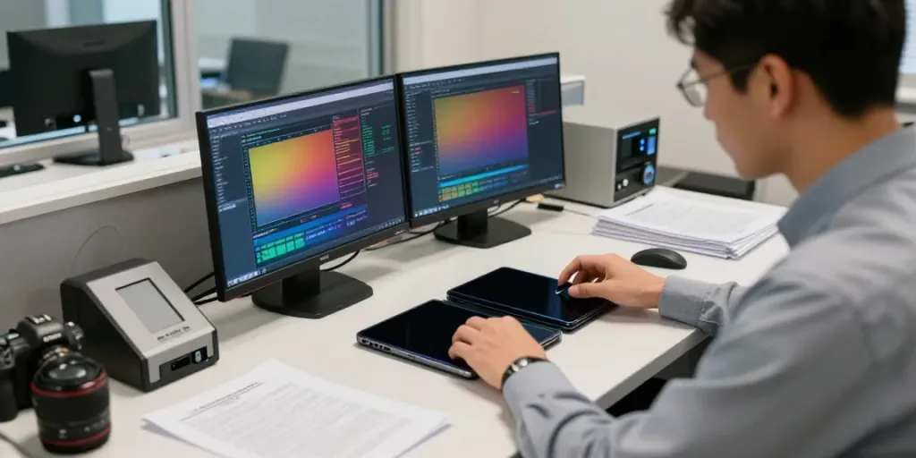 In a professional setting, a digital forensics expert from https://goodtam.com analyzes smartphone data with advanced recovery tools, reflecting high standards of investigation.