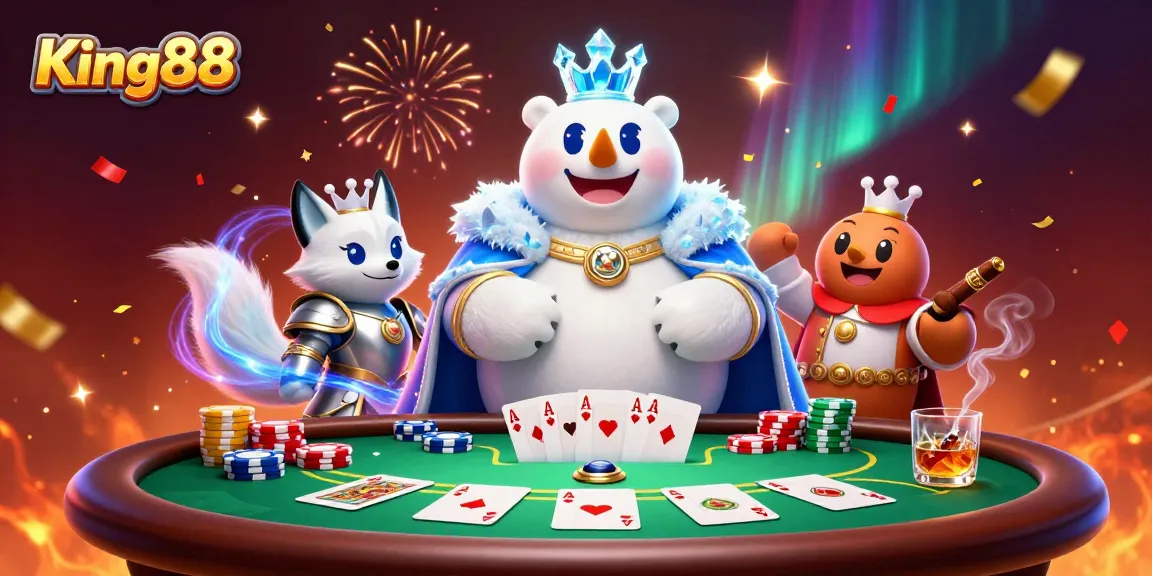 King88 poker scene showcasing an ice king polar bear and a snow fox in an engaging casino atmosphere