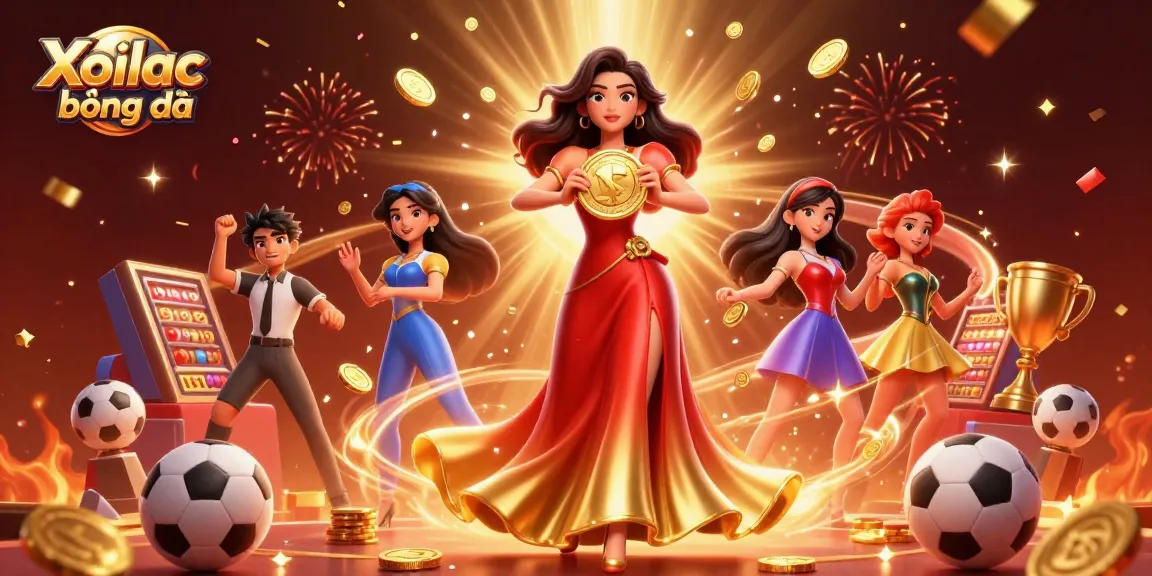 Xoilac bóng đá showcases an enchanting scene of an Asian woman holding a golden coin amidst a celebration of riches and sports.