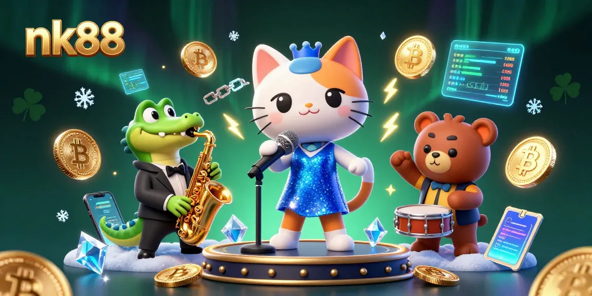 Experience fun gaming with nk88 in this vibrant 3D illustration of a jazzy casino scene.