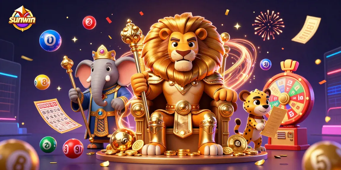 Win big with Sunwin's vibrant gaming scene featuring a lion king, lottery elements, and dynamic action.