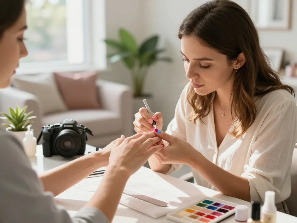 Nail technician providing a manicure during a beauty treatment session in a welcoming salon environment.