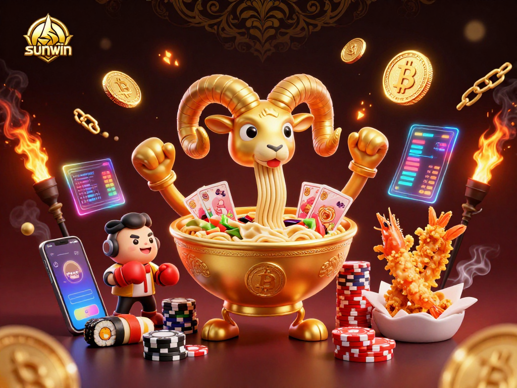 Win big at sunwin with a vibrant casino scene featuring a giant golden ramen bowl and crypto elements.