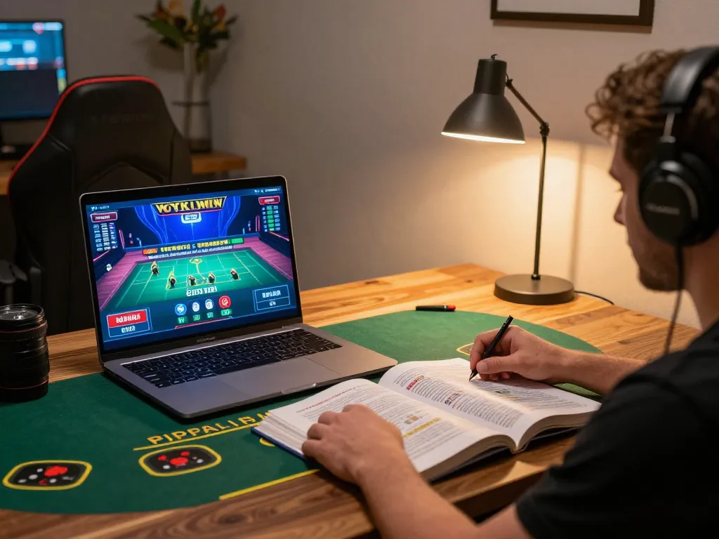 cm88 player engaging in live dealer blackjack at home with laptop, cozy atmosphere and strategy book