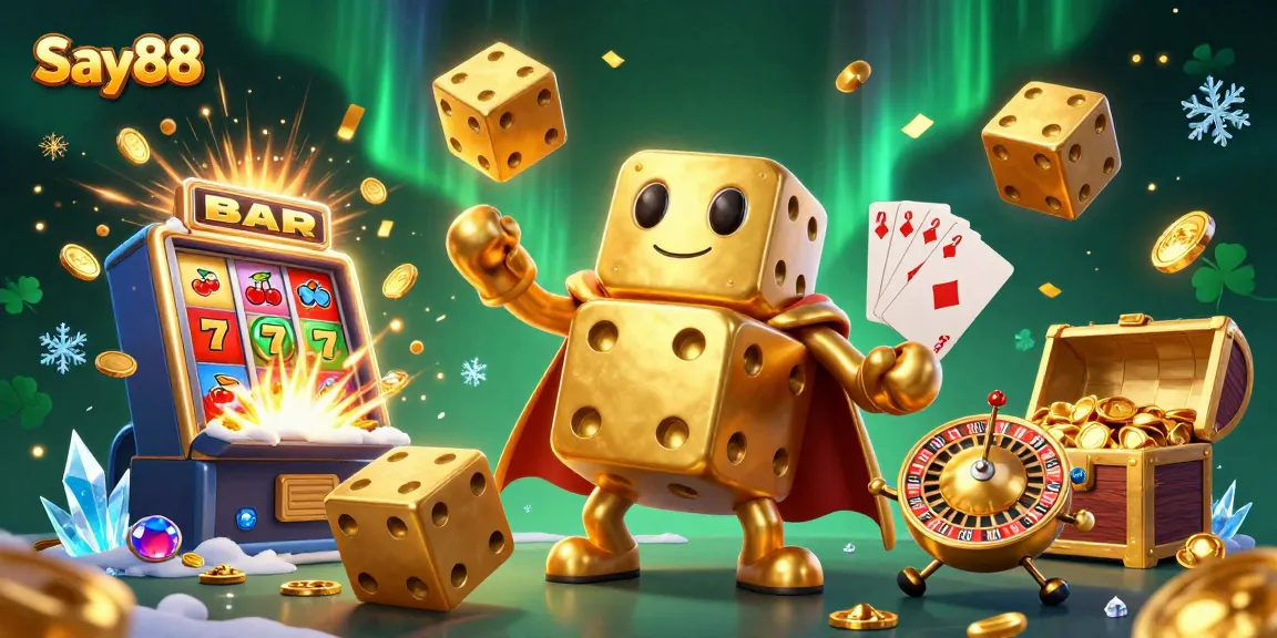 Experience excitement at Say88 with a magical 3D illustration of golden dice and jackpot delights.