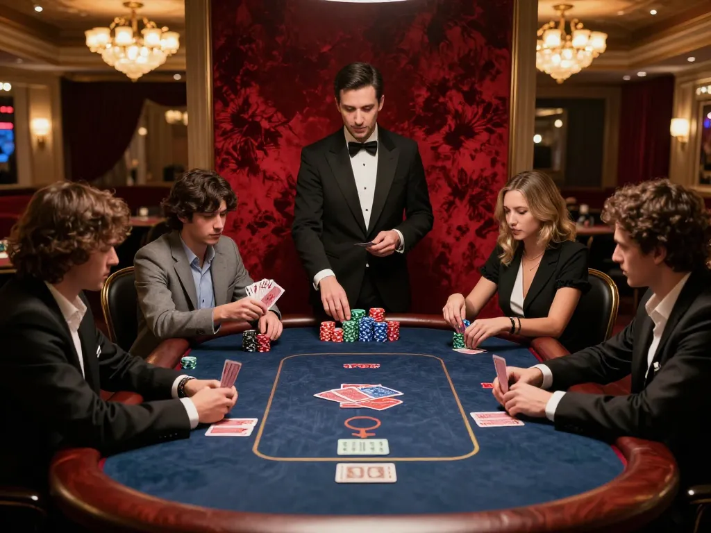 Engaged players at a high-stakes poker table, showcasing strategic gameplay on https://dabet.money/ in an upscale casino atmosphere.