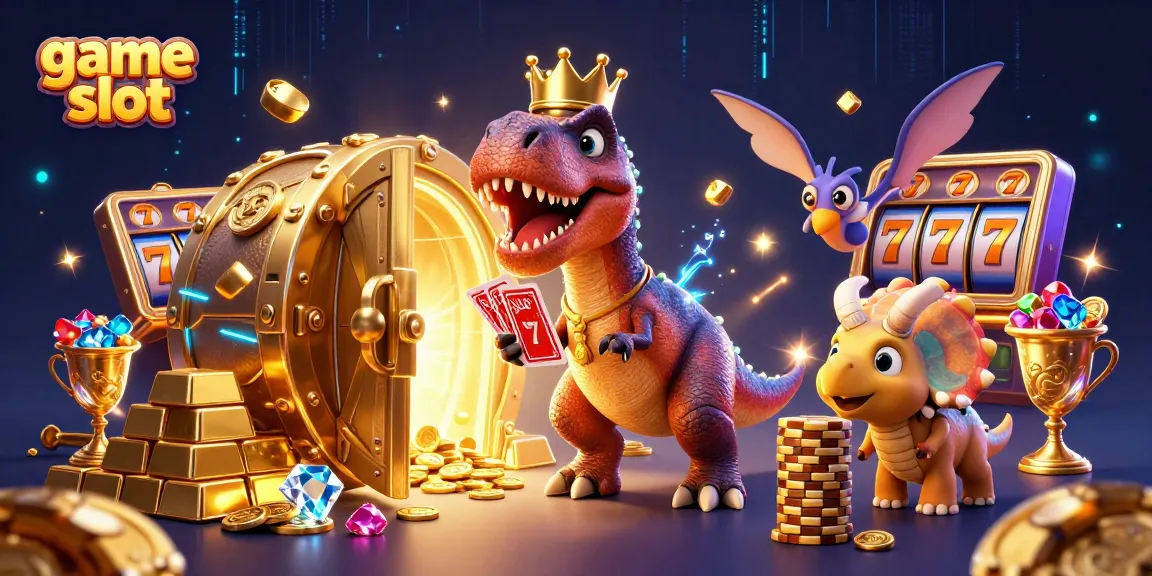 Engaging game slot scene with T-Rex, pterodactyl, and triceratops surrounded by vibrant casino elements.