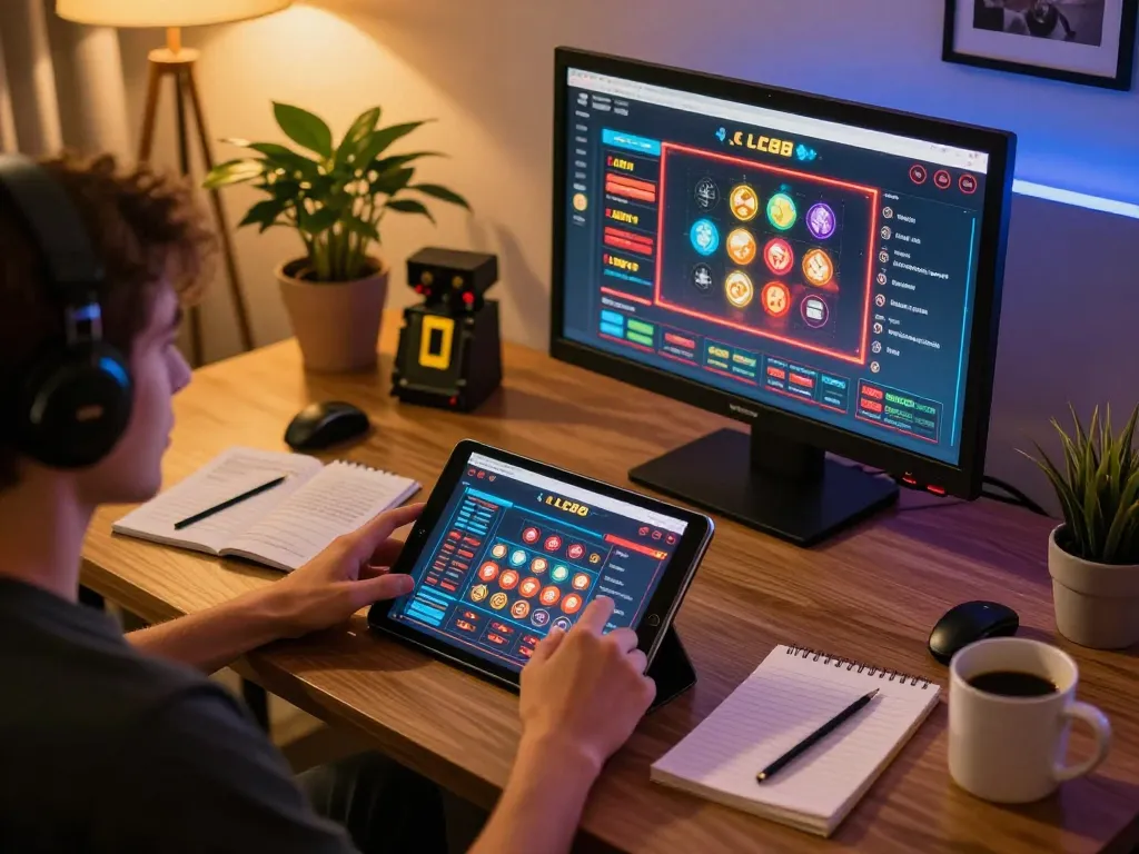 Player immerses in LC88 online casino gaming, tablet displaying exciting bets and strategies