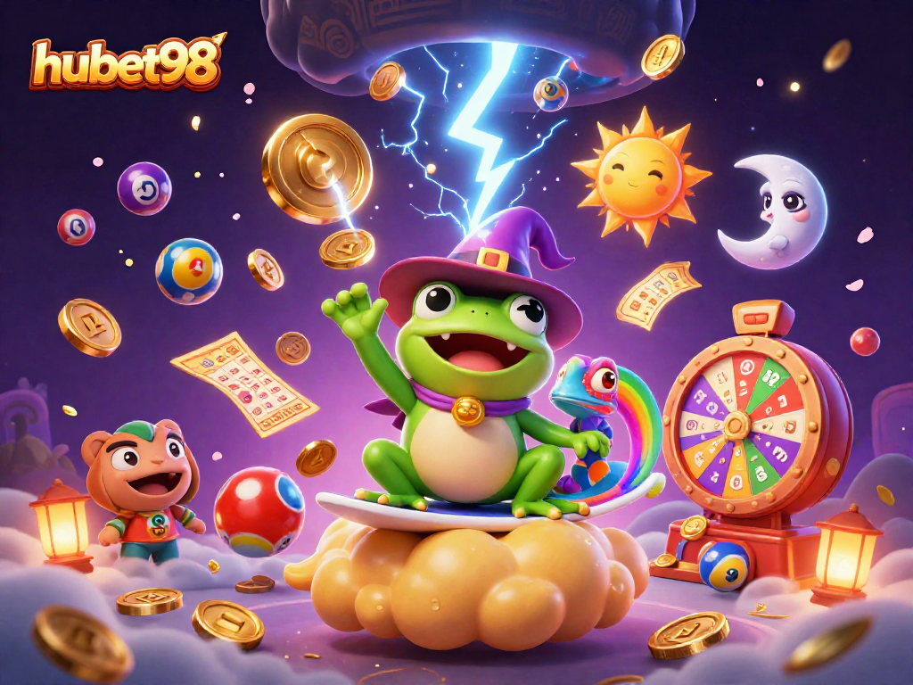 Experience the excitement of hubet98 with a 3D digital illustration of a vibrant casino scene.