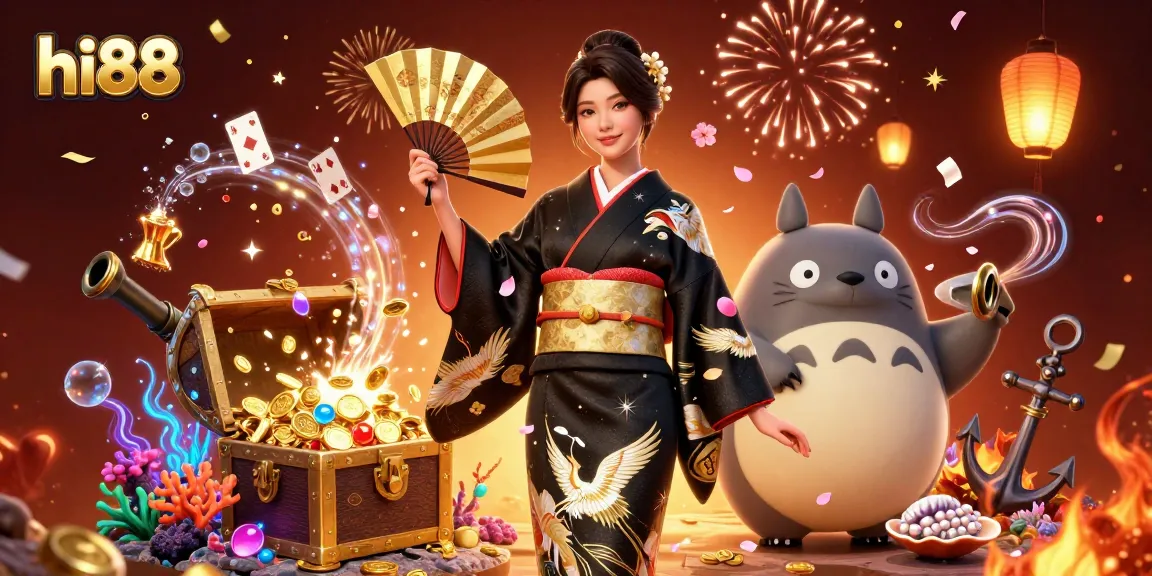 Experience the excitement of hi88 with an elegant Asian woman and fun gaming elements.