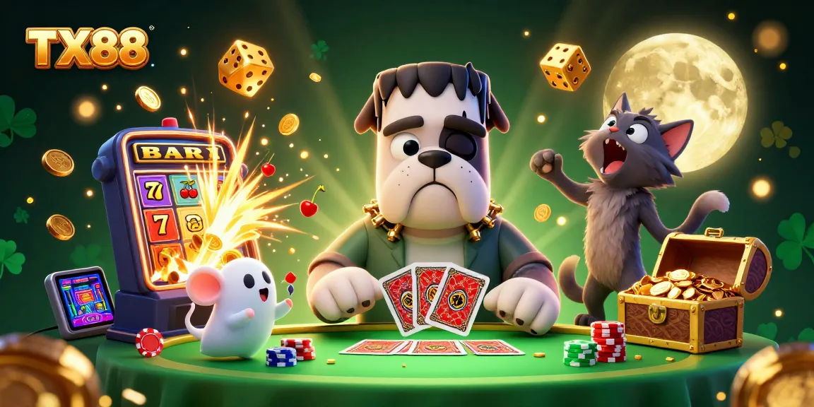 TX88 illustrates an exciting card game scene featuring quirky characters and vibrant elements from the casino world.