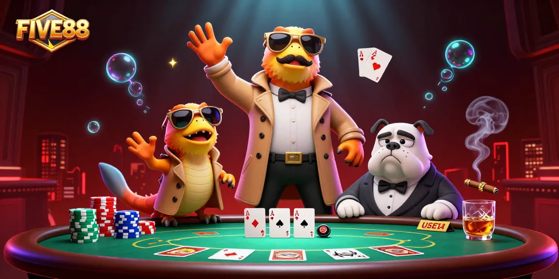 FIVE88 showcases a whimsical 3D cartoon scene with raptors and a bouncer in a casino setting.