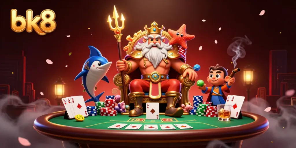 Engage with bk8's dynamic poker scene featuring Neptune and friends amidst vibrant gaming elements.