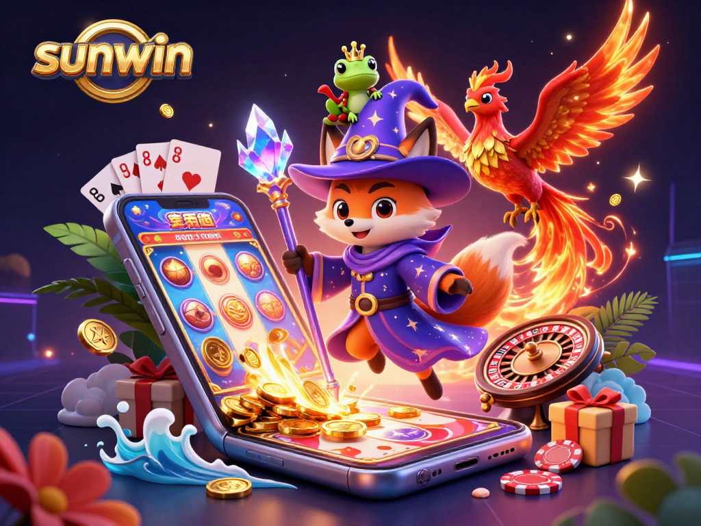 Engage with sunwin's vibrant slot game scene featuring a wizard fox and phoenix creating casino magic.