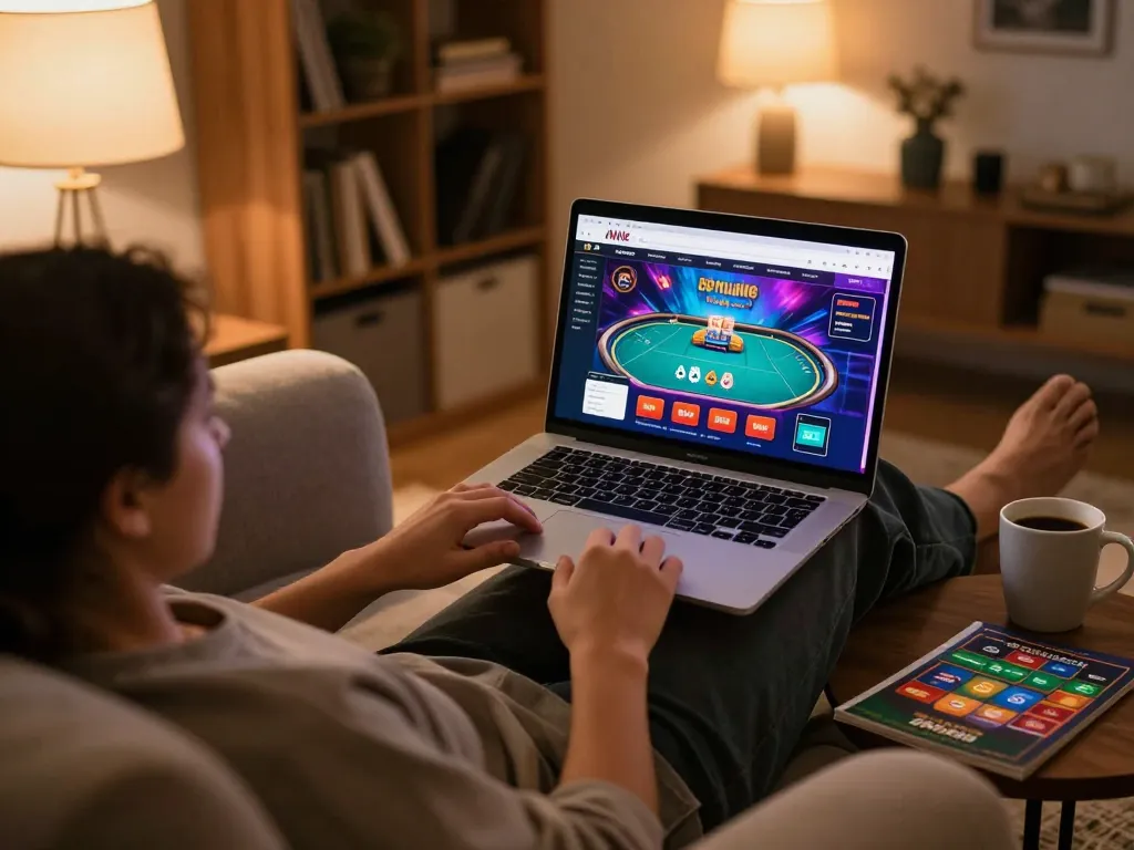 Person enjoying online poker at home on 678vip platform, showcasing vibrant gaming interface and cozy atmosphere.
