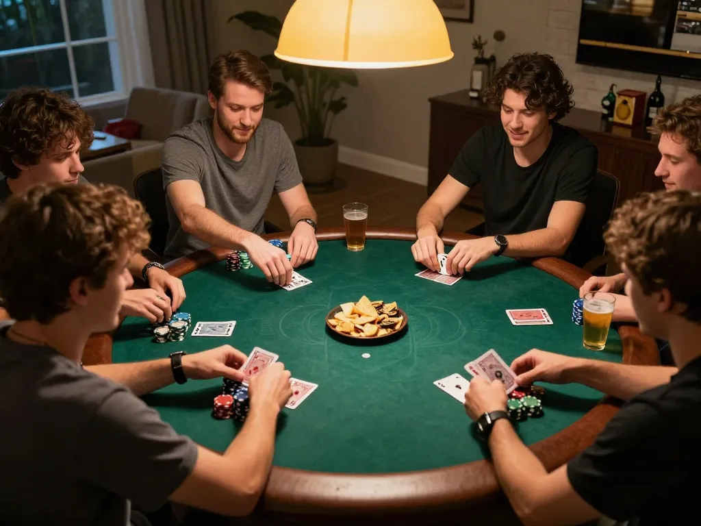 Players enjoying a thrilling home poker night at KKWIN, showcasing chips and cards.