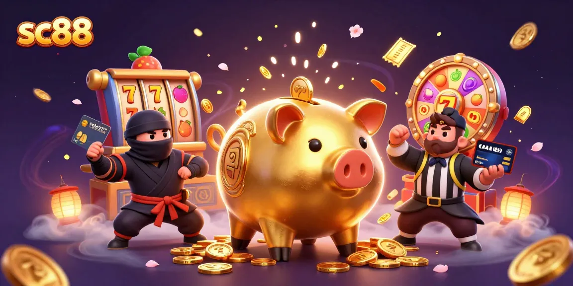 Witness the exciting energy of sc88 slots with a dynamic scene of characters and casino symbols.