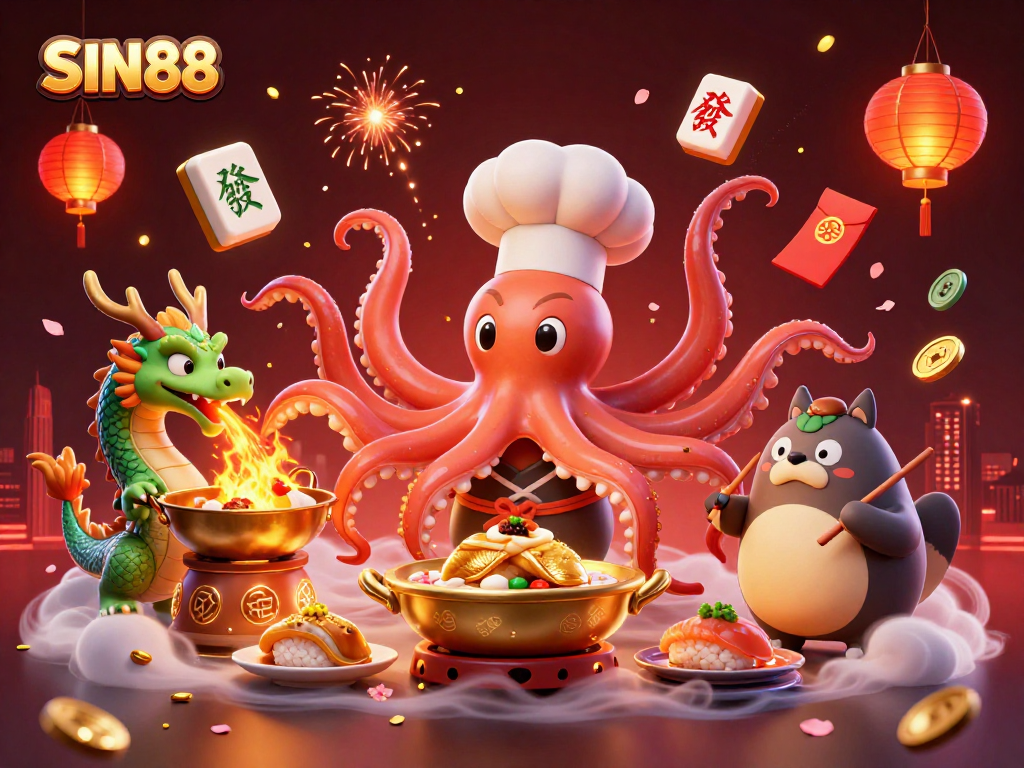 Engage with SIN88's vibrant 3D casino scene featuring an octopus chef and a dragon, celebrating rich gambling culture.