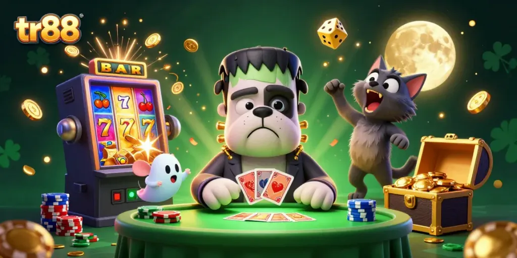 tr88 casino illustration featuring a Frankenstein dog dealer and dynamic casino elements.