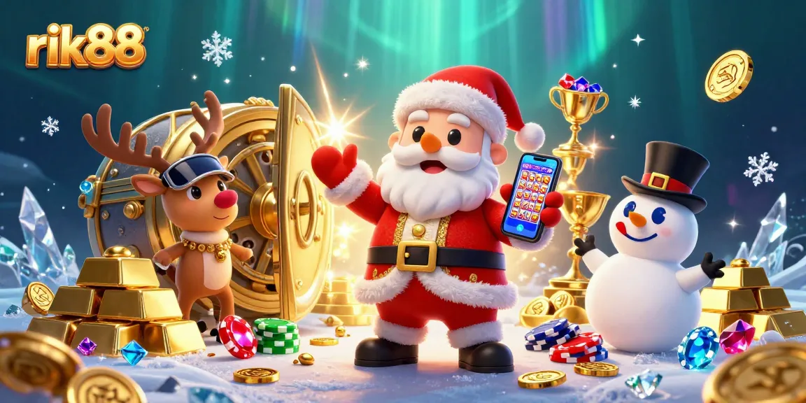 Experience the thrill of rik88 with a vibrant casino scene featuring Santa, his reindeer, and a snowman.