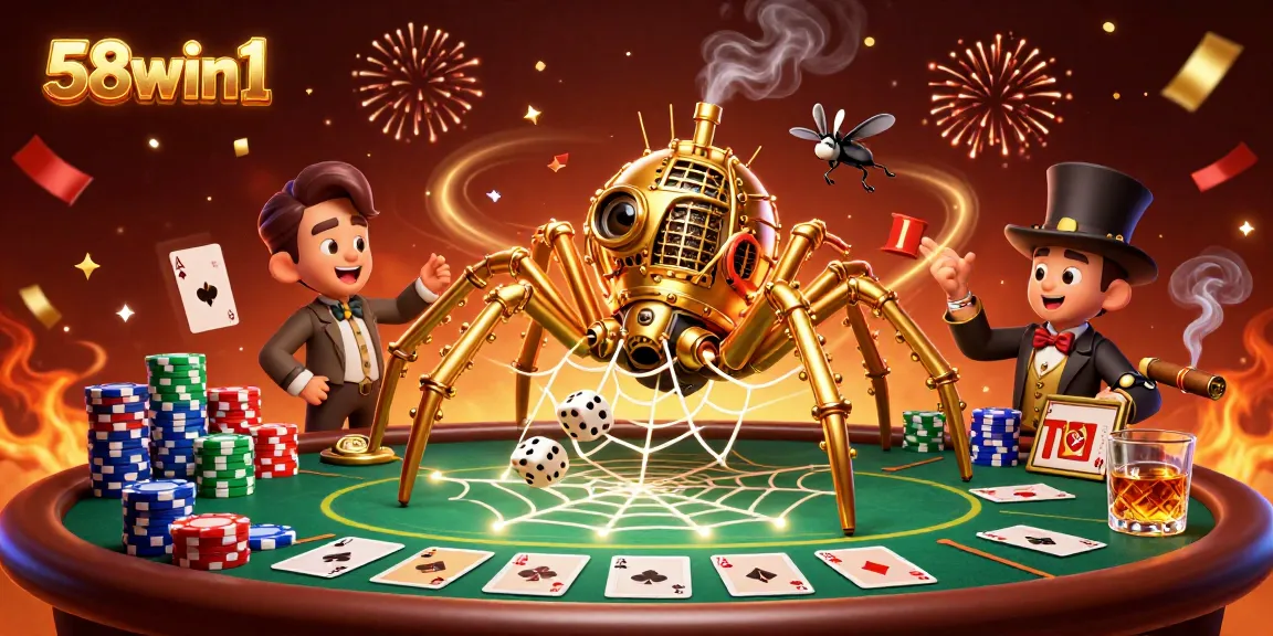 Engage in thrilling play at 58win1 with a steampunk spider capturing dice in a vibrant poker scene.