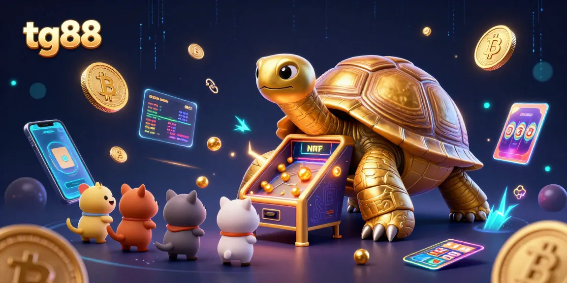 Engage with tg88 in this vibrant scene featuring a colossal golden tortoise pinball machine surrounded by glowing crypto elements.