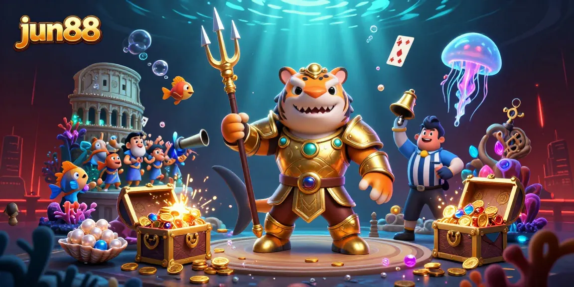 Engage in thrilling gameplay at jun88 with a vibrant underwater casino scene featuring a tiger shark.