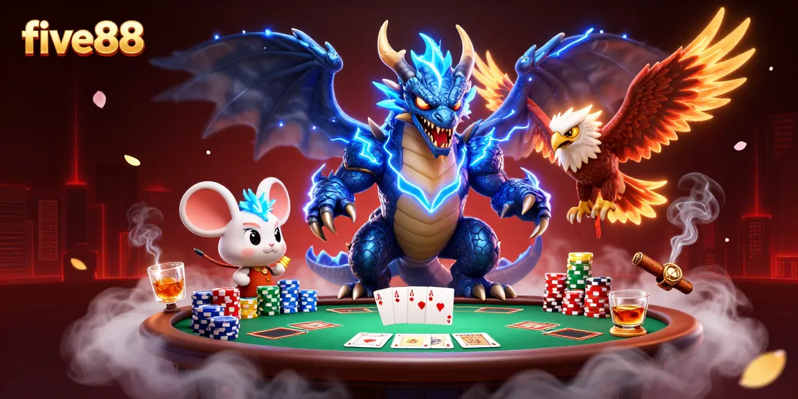 Engage with five88's thrilling poker scene featuring a dynamic thunder dragon and poker elements.