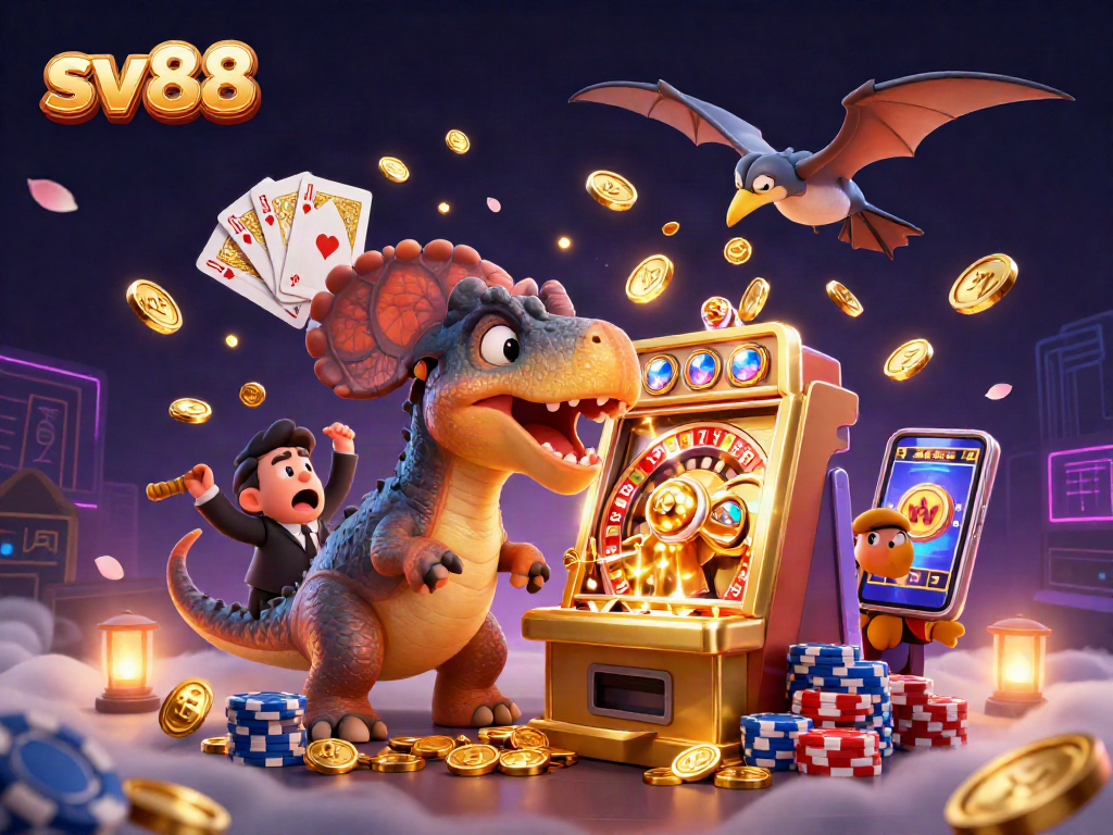 sv88 slot machine scene with dinosaurs and coins raining down in a vibrant casino