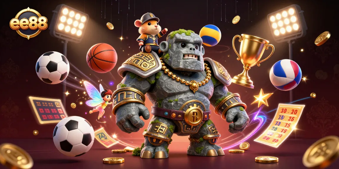 Experience the thrill of ee88 with a golem guardian and adventurous characters amidst dynamic sports elements.