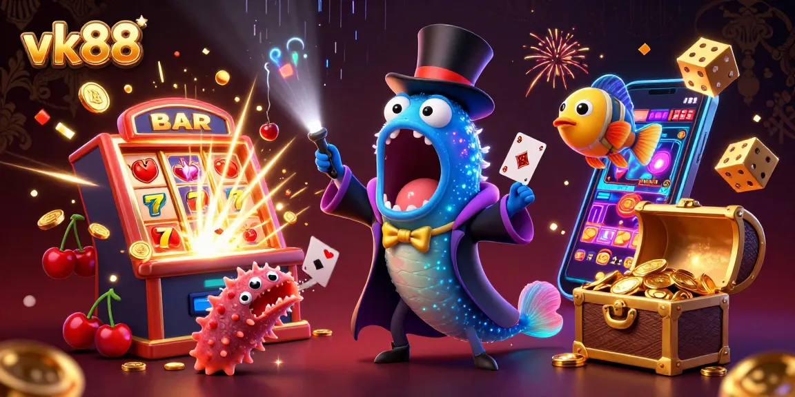 Experience excitement with vk88's vibrant 3D undersea casino where magical sea creatures perform thrilling card tricks.