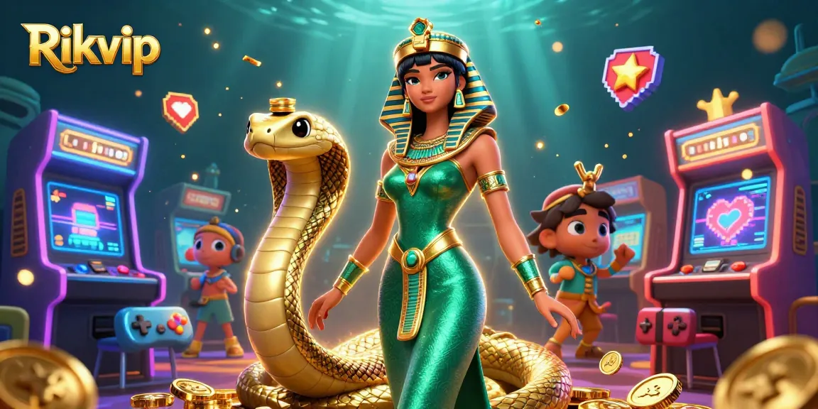 Engage with thrilling gameplay at Rikvip featuring a glamorous woman and golden cobra in a vibrant casino scene.