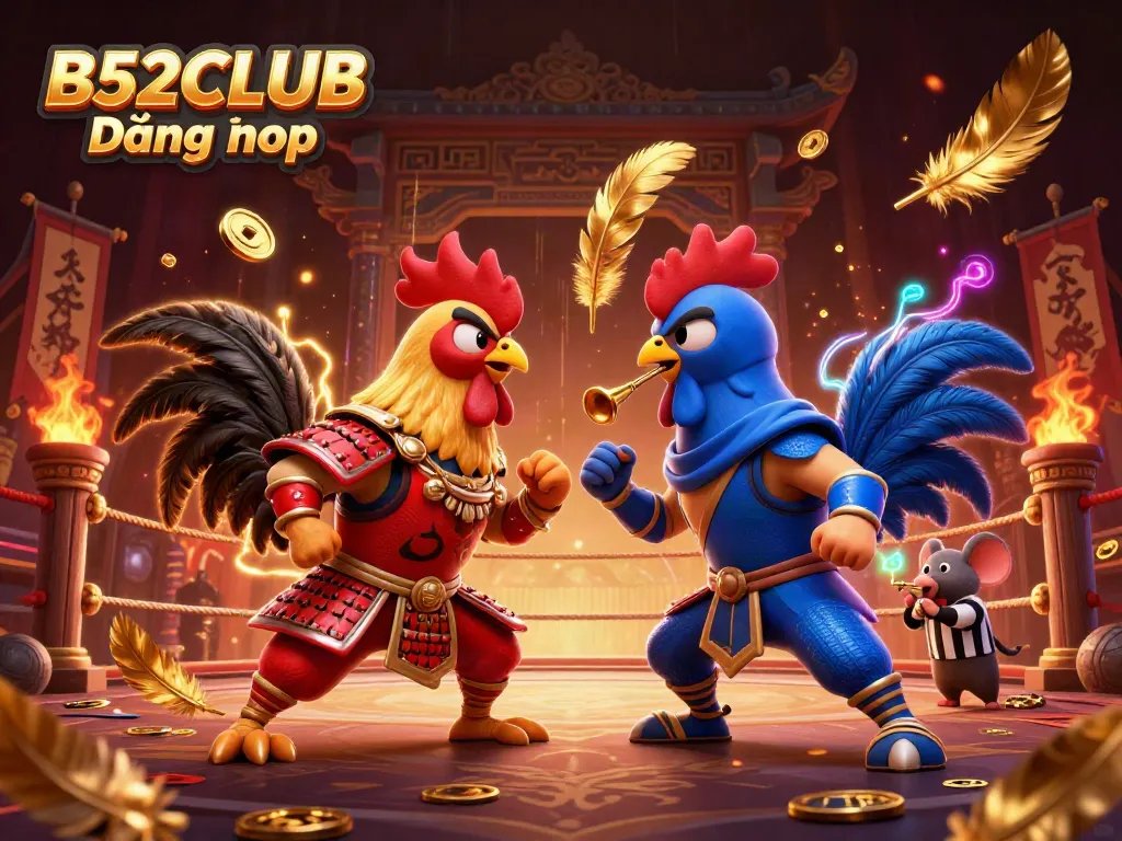 Engage with B52CLUB Đăng nhập featuring twin roosters in dramatic combat in a colorful gambling arena.