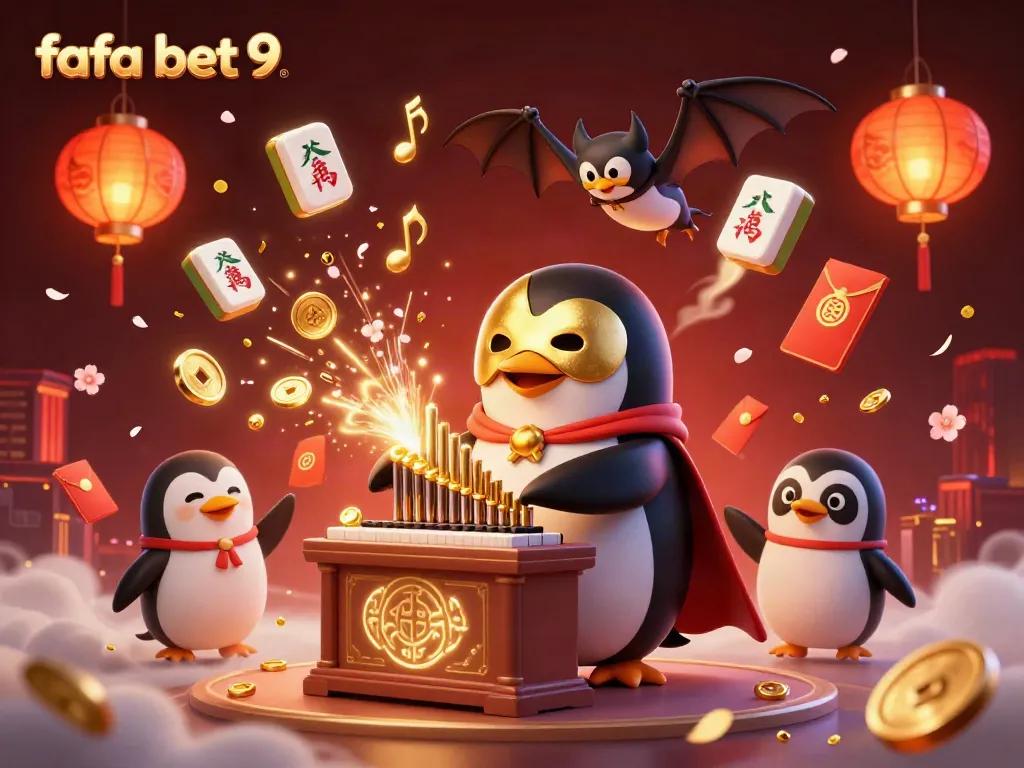 Engage with fafa bet 9 in a lively 3D casino scene featuring a penguin and animated elements.