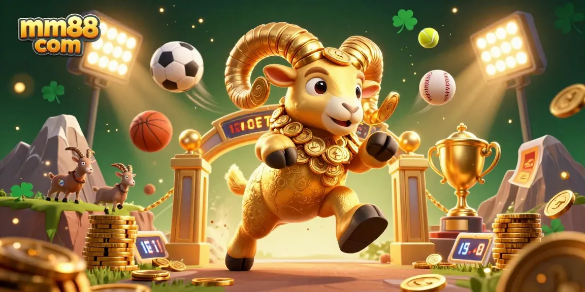 Engage with mm88 com's dynamic online casino action featuring a golden ram, sports elements, and vibrant gold accents.