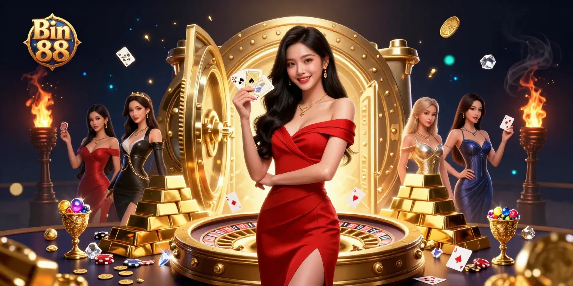 Engaging scene of Bin 88 showcasing a beautiful woman with playing cards, roulette, and gemstones in a vibrant casino atmosphere.