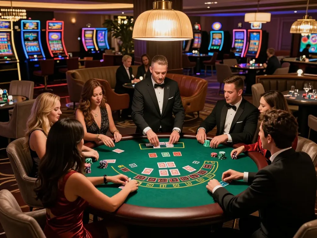 KP88 blackjack table action with friends betting and a dealer managing the game in a luxurious casino lounge.