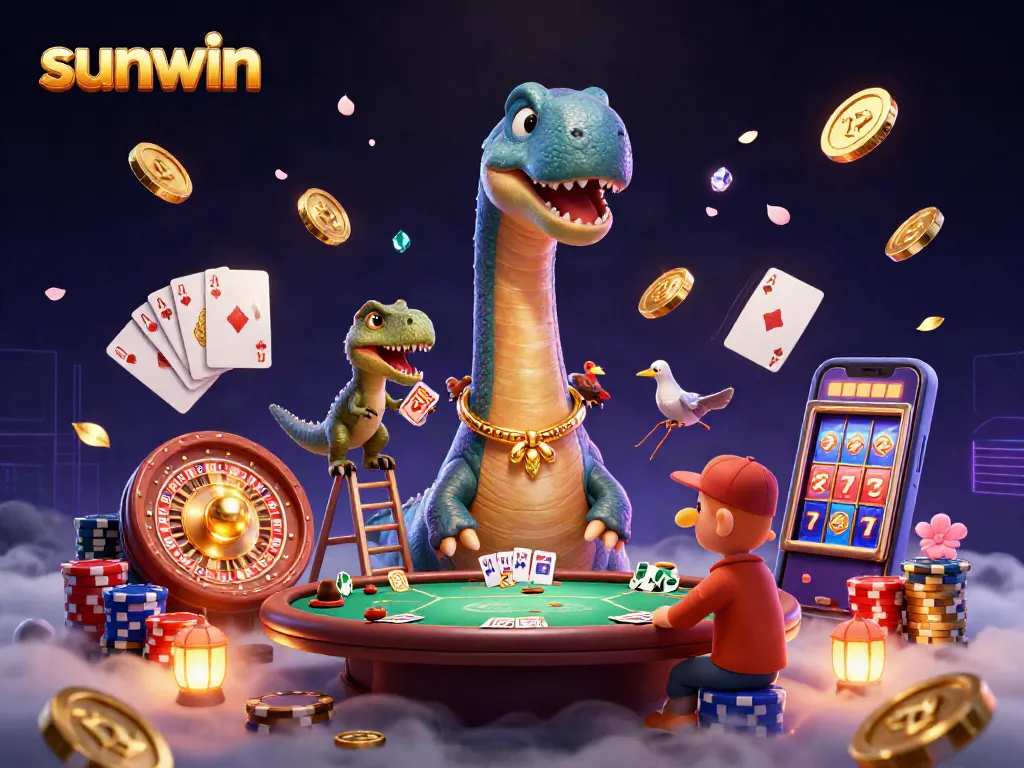 Engage in the thrilling world of sunwin with a vibrant casino scene featuring a giant brontosaurus and raptor dealer.