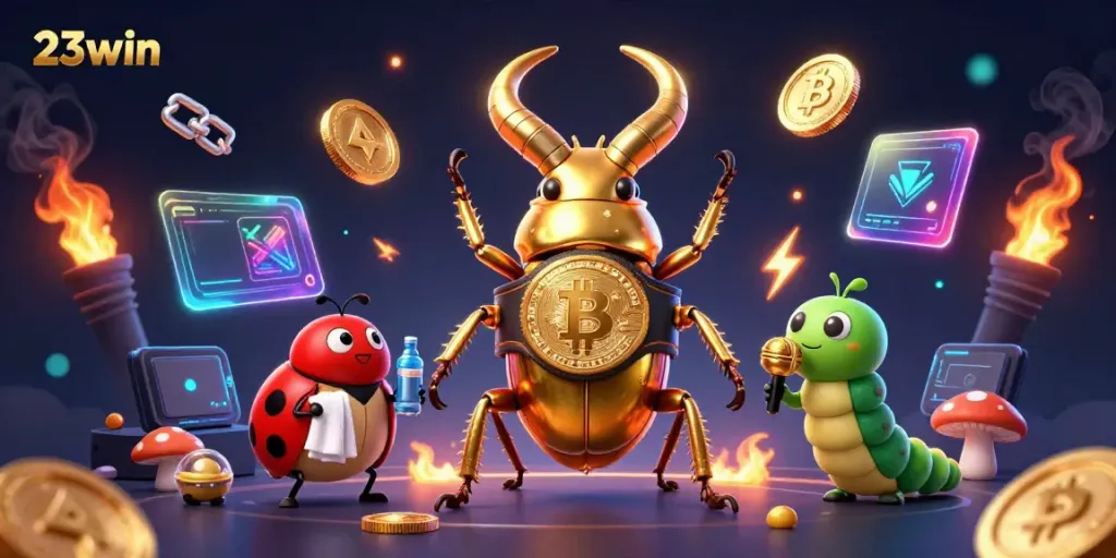 Experience thrilling betting action with 23win's dynamic casino illustration featuring a golden beetle and ladybug companions.