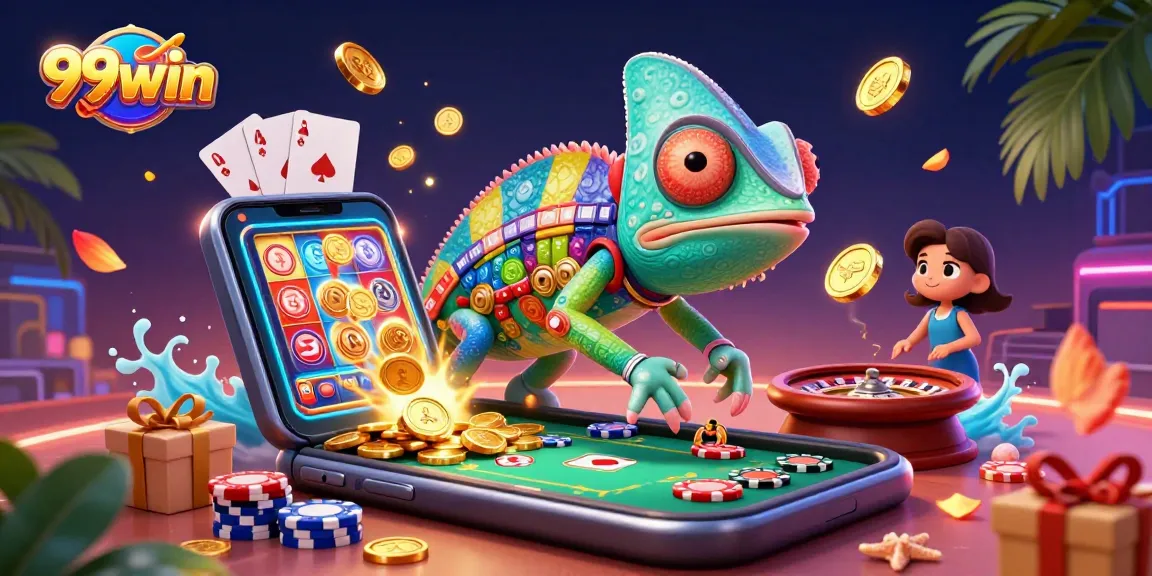 Engage with 99win's thrilling casino experience as cartoon chameleon owner captures golden coins.