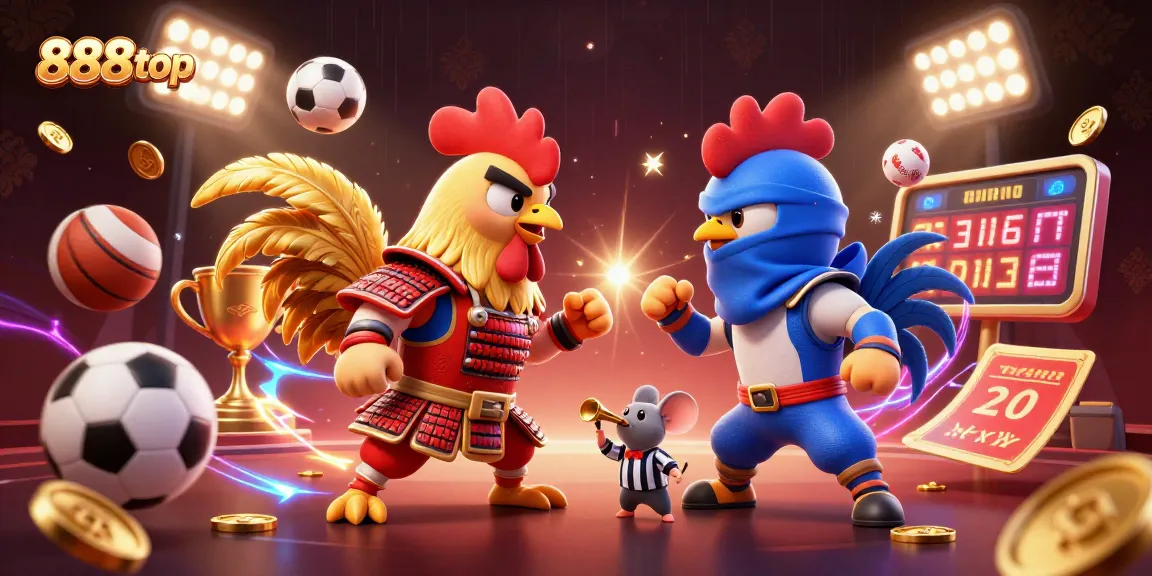 Engage in thrilling cockfighting at 888top with action-packed roosters, trophies, and dynamic sports elements.