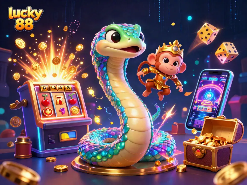 Experience the excitement of lucky 88 with a vibrant 3D illustration showcasing a rainbow serpent and a monkey king amidst casino elements.