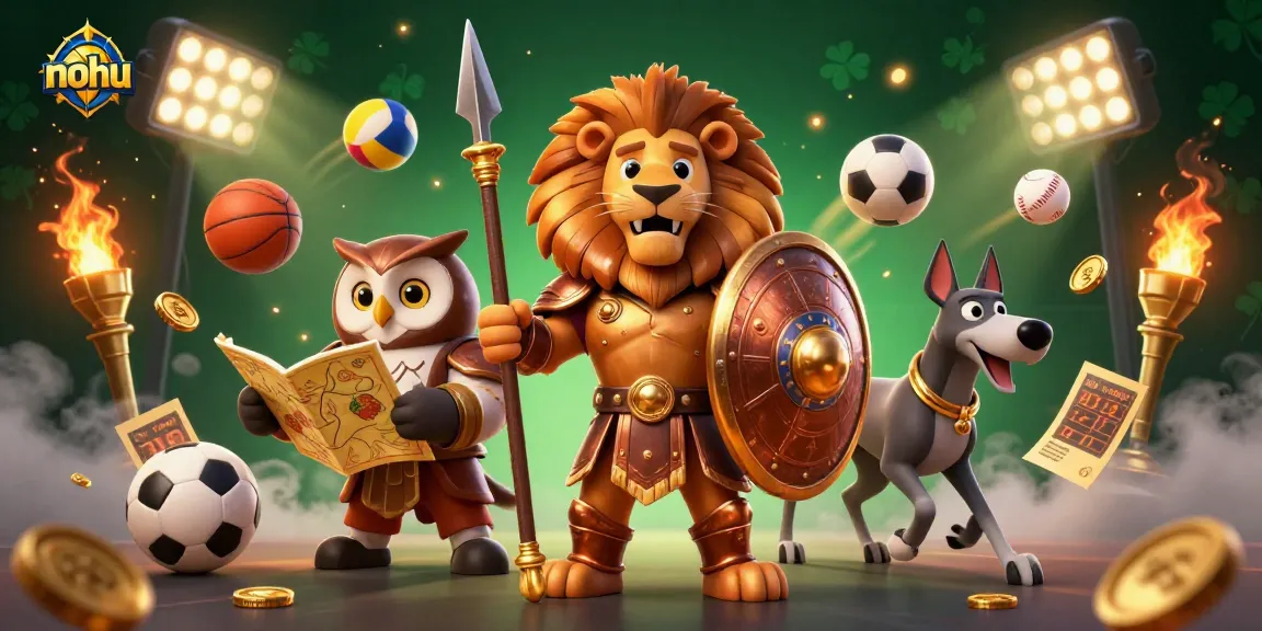 Bet on nohu with this vibrant 3D illustration featuring a Spartan lion, tactical owl, and a greyhound amidst sports action.