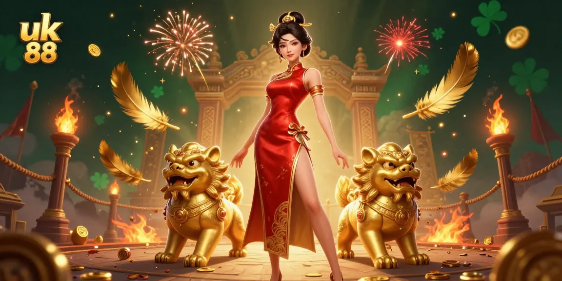 Engage with delightful gaming moments at uk 88, featuring an elegant woman and adorable foo dog guardians amidst vibrant visuals.